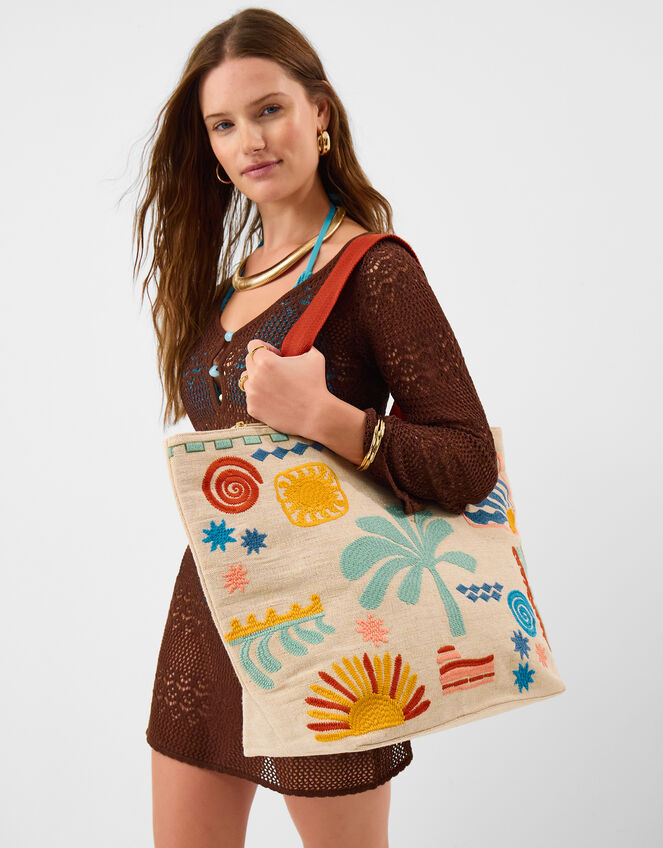 Palm Embroidered Beach Tote Bag, , large