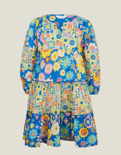 Girls Boho Floral Kaftan Dress, Blue (BLUE), large