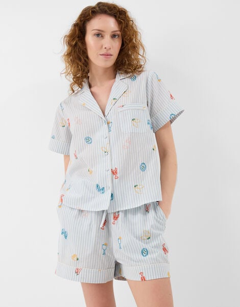 Embroidered Stripe Short Pyjamas Set, Blue (BLUE), large