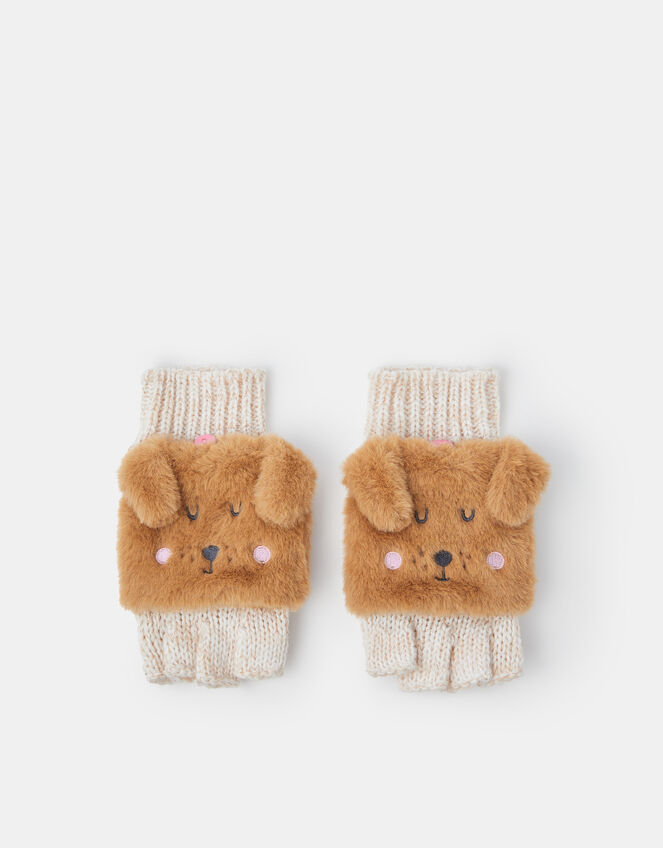 Girls Dog Fingerless Gloves with Mittens, Tan (TAN), large