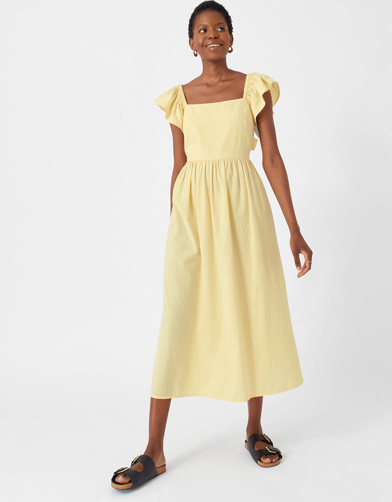 Frill Shoulder Tie Back Midi Dress Yellow Beach holiday dresses Accessorize UK