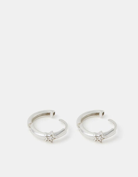 Sterling Silver Diamanté Star Hoop Earrings, , large