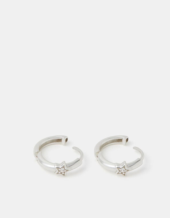 Sterling Silver Diamanté Star Hoop Earrings, , large