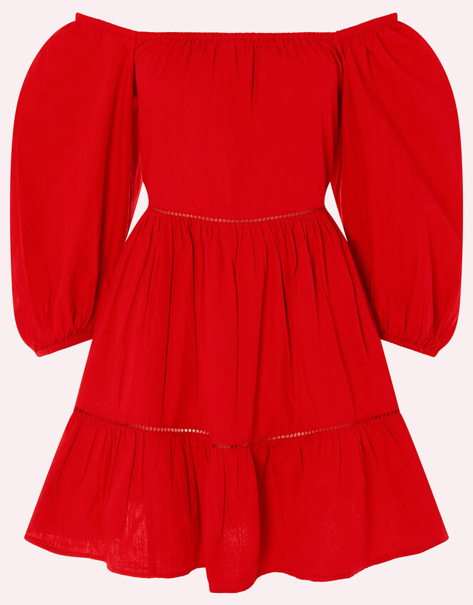 Puff Sleeve Dress in Organic Cotton, Red (RED), large