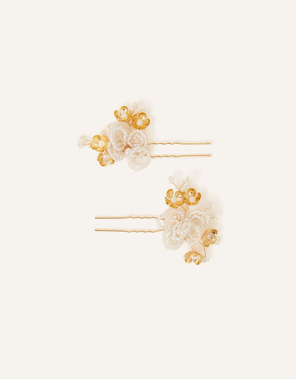 Beaded Flower Hair Pins Set of Two, , large