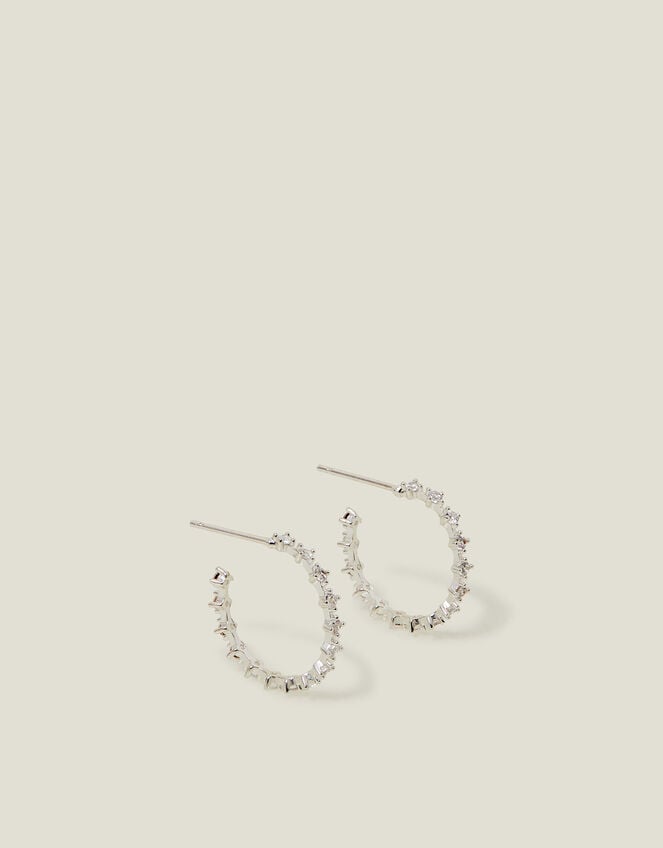 Sterling Silver-Plated Fine Diamanté Hoop Earrings, , large
