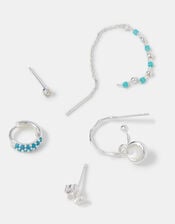 5-Pack Sterling Silver-Plated Blue Stone Stud & Hoop Earrings, , large