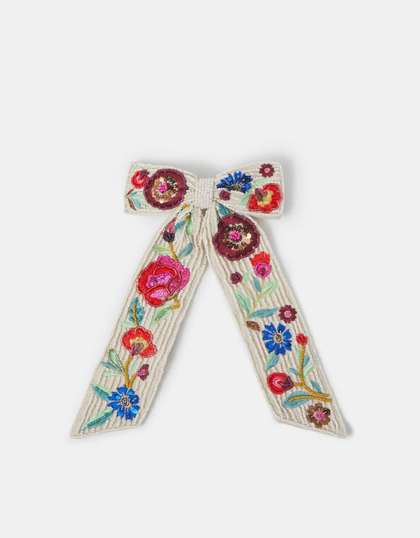 Beaded Floral Bow Barrette Hair Clip, , large