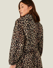 Leopard Print Tie Front Shirt, Brown (BROWN), large