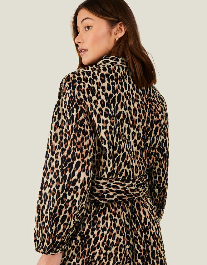 Leopard Print Tie Front Shirt, Brown (BROWN), large