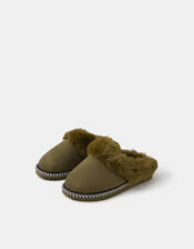 Faux Fur Lined Mule Slippers, Green (KHAKI), large