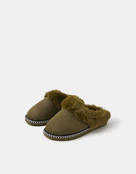 Faux Fur Lined Mule Slippers, Green (KHAKI), large