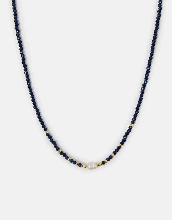 14ct Gold-Plated Pearl Beaded Necklace, Blue (BLUE), large