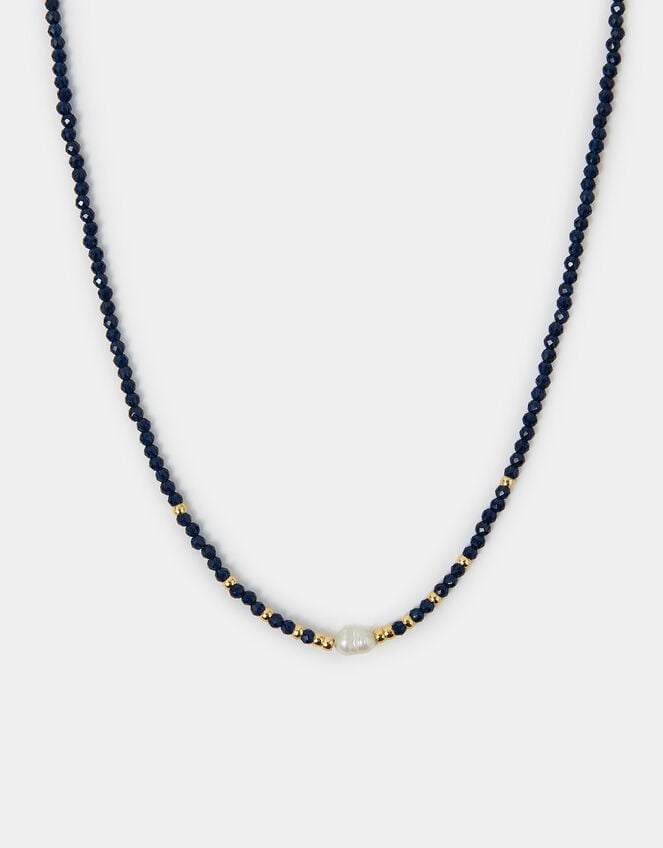 14ct Gold-Plated Pearl Beaded Necklace, Blue (BLUE), large
