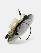 Woven Bow Feather Disc Fascinator, Black (BLACK WHITE), large