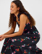 Floral Print Frill Maxi Dress, Black (BLACK), large