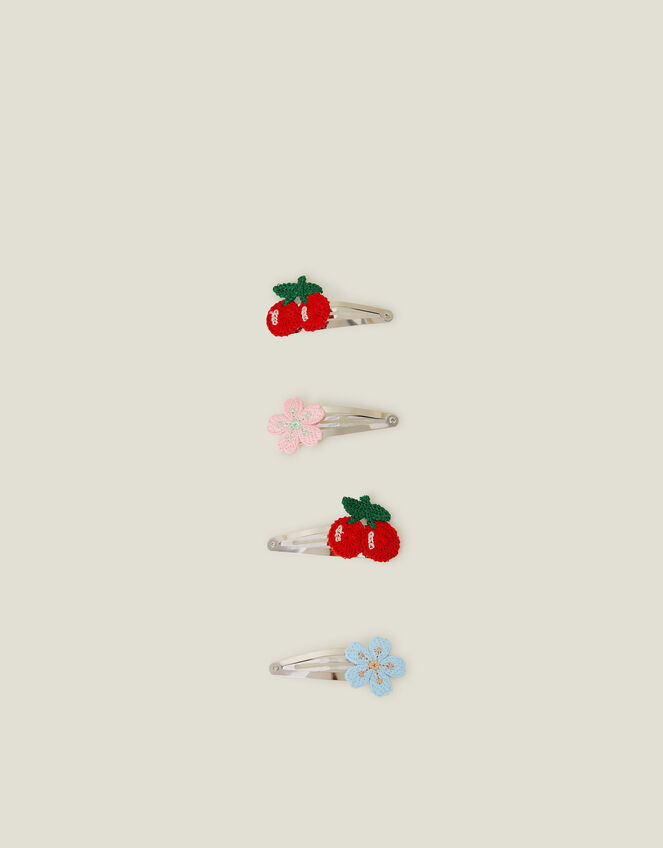 4-Pack Girls Crochet Flower Cherry Hair Clips, , large