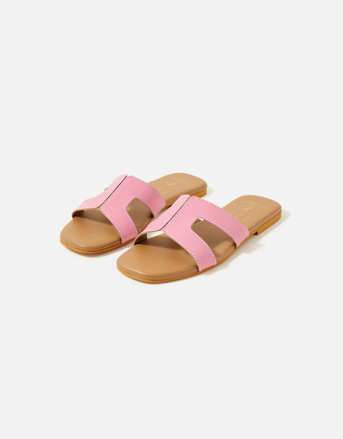 Contrast Stitch Leather Sandals , Pink (PINK), large