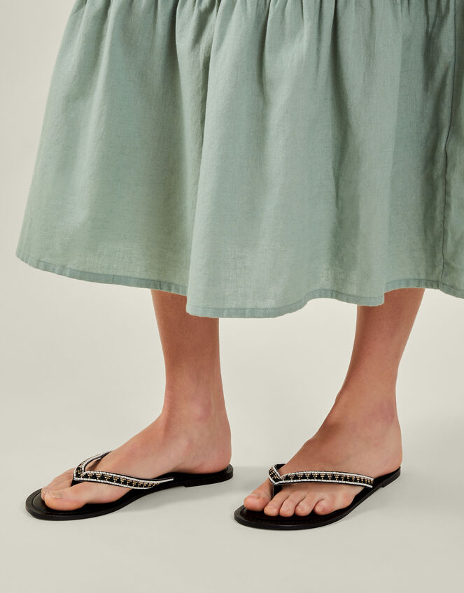 Beaded Faux Leather Flip Flops, Black (BLACK WHITE), large