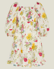 Puff Sleeve Floral Smocked Mini Dress, Ivory (IVORY), large