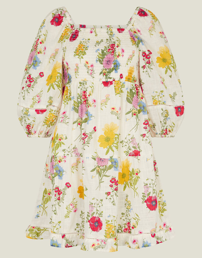 Puff Sleeve Floral Smocked Mini Dress, Ivory (IVORY), large