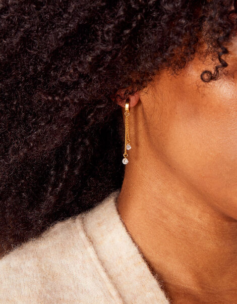 14ct Gold-Plated Sparkle Chain Drop Huggie Hoops, , large
