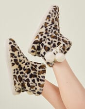 Faux Fur Leopard Print Boot Slippers, Leopard (LEOPARD), large