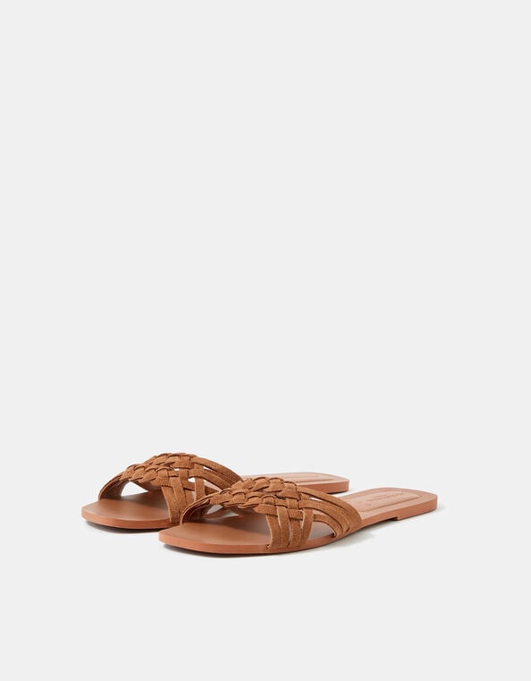 Woven Leather Slide Sandals, Tan (TAN), large