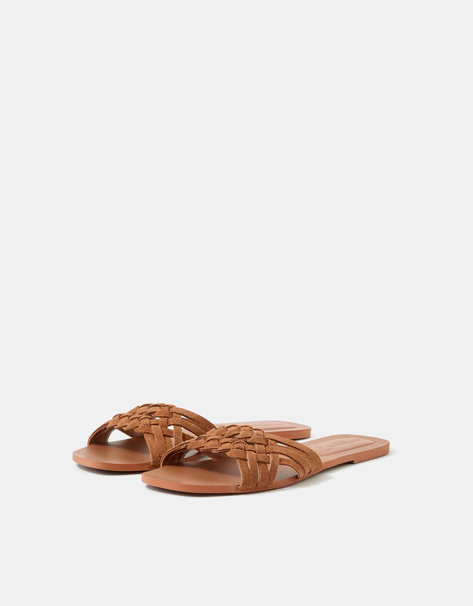 Woven Leather Slide Sandals, Tan (TAN), large