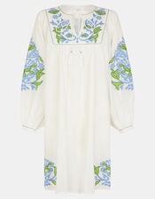 Embroidered Long Sleeve Smock Dress, White (WHITE), large