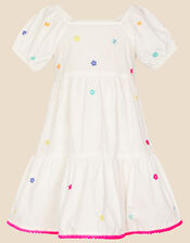 Kids Flower Embroidered Dress, White (WHITE), large