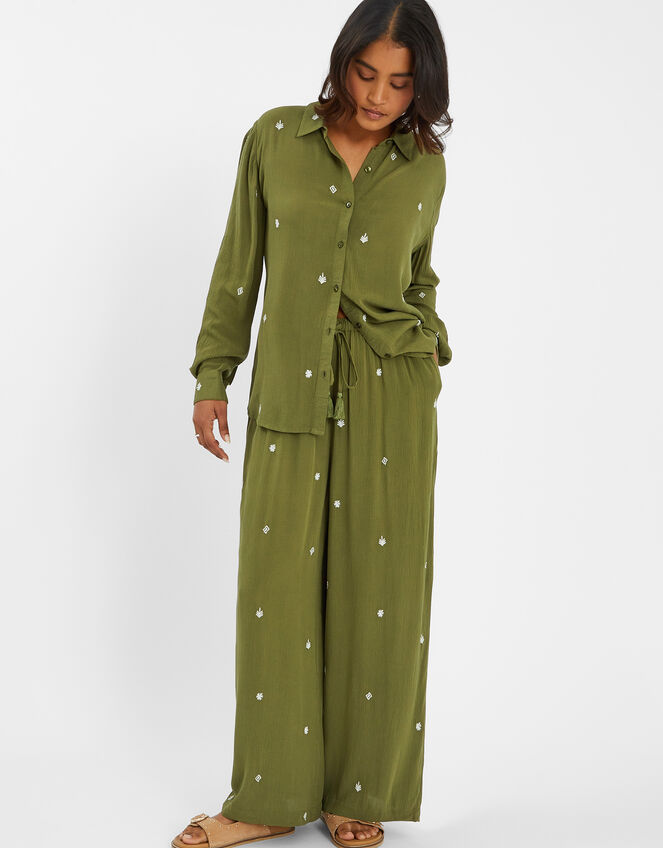 Embroidered Crinkle Trousers, Green (KHAKI), large