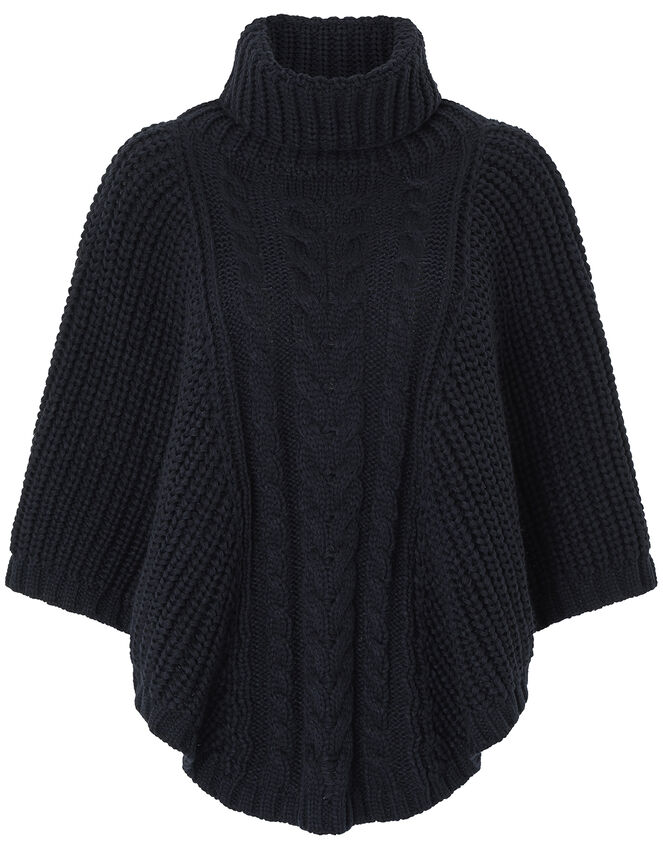 Chunky Cable Knit Poncho, Blue (NAVY), large