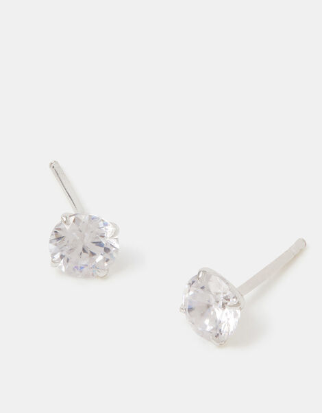 Sterling Silver Round Cut Cubic Zirconia Stud Earrings, , large