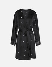 Spot Lace Trim Satin Robe , Black (BLACK WHITE), large