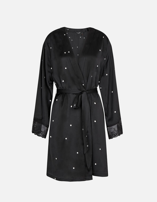 Spot Lace Trim Satin Robe , Black (BLACK WHITE), large