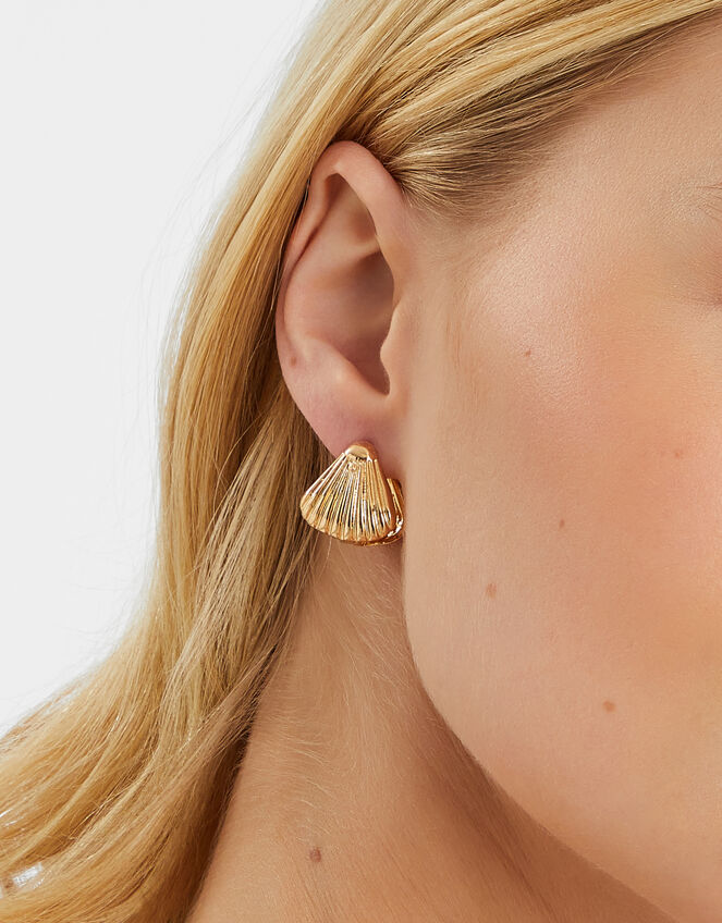 Shell Huggie Hoop Earrings Gold, , large