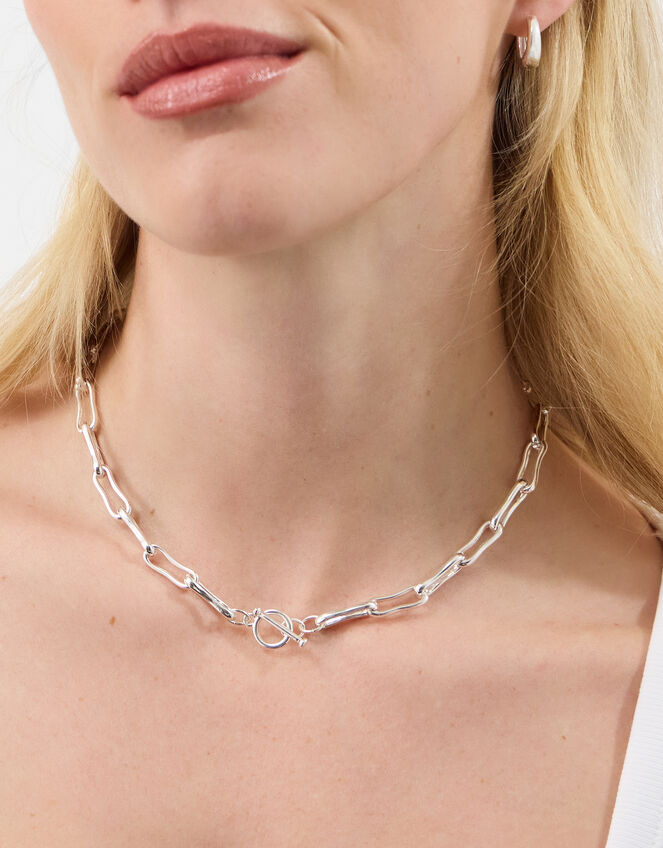 Sterling Silver-Plated Molten Link T-Bar Necklace, , large