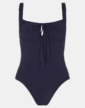 Seersucker Tie Front Swimsuit, Blue (NAVY), large
