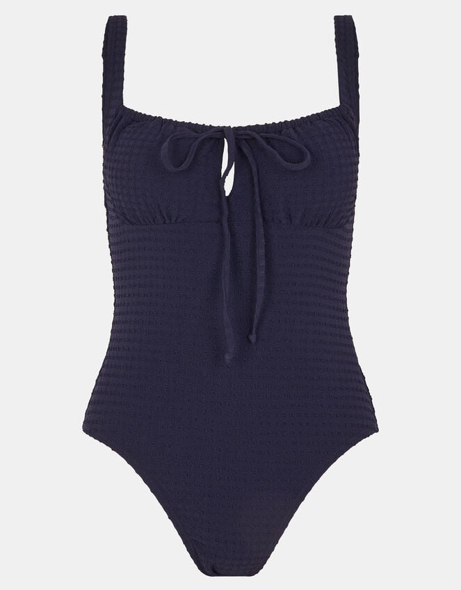 Seersucker Tie Front Swimsuit, Blue (NAVY), large