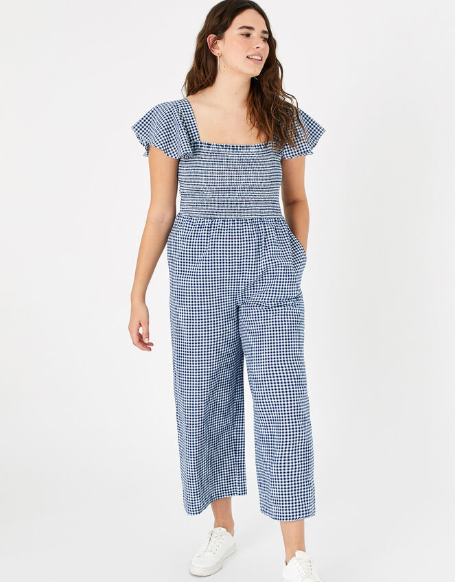 Gingham Print Smocked Jumpsuit, Blue (NAVY), large