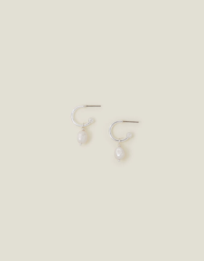 Sterling Silver Chunky Pearl Drop Hoops, , large