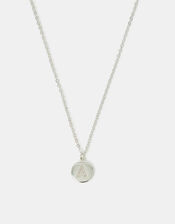 Sterling Silver-Plated Diamante Initial Round Pendant Necklace, Silver (ST SILVER), large