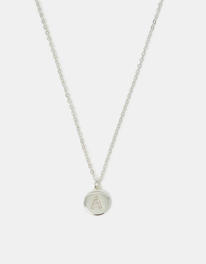 Sterling Silver-Plated Diamante Initial Round Pendant Necklace, Silver (ST SILVER), large