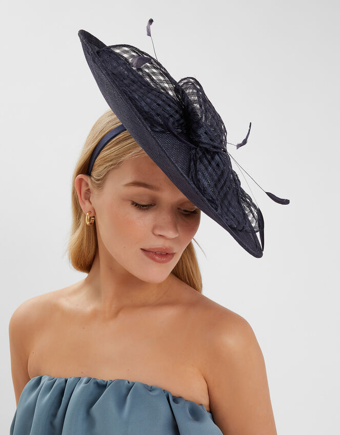Woven Bow Feather Disc Fascinator, Blue (NAVY), large