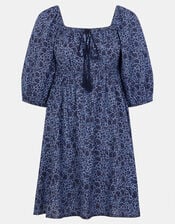 Floral Print Puff Sleeve Mini Dress, Blue (BLUE), large