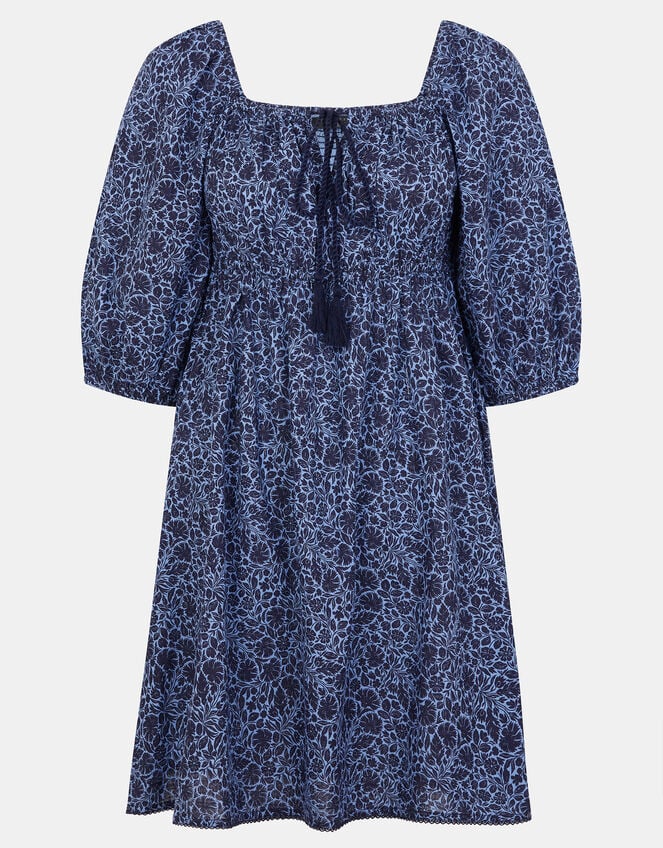 Floral Print Puff Sleeve Mini Dress, Blue (BLUE), large