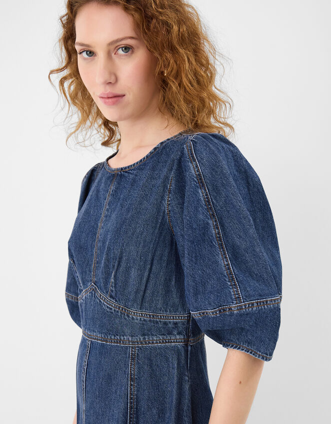 Puff Sleeve Denim Midi Dress, Blue (BLUE), large