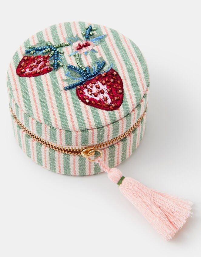 Round Strawberry Embroidered Travel Jewellery Box, , large