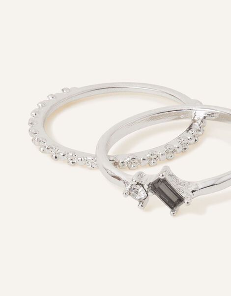 Sparkle Gem and Textured Ring Set of Two, Silver (SILVER), large